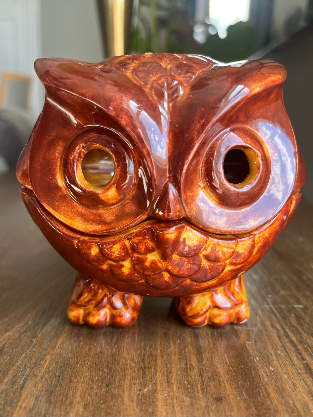 Vintage 1970’s Orange/Brown Glazed Ceramic Owl Fairy Lamp EUC